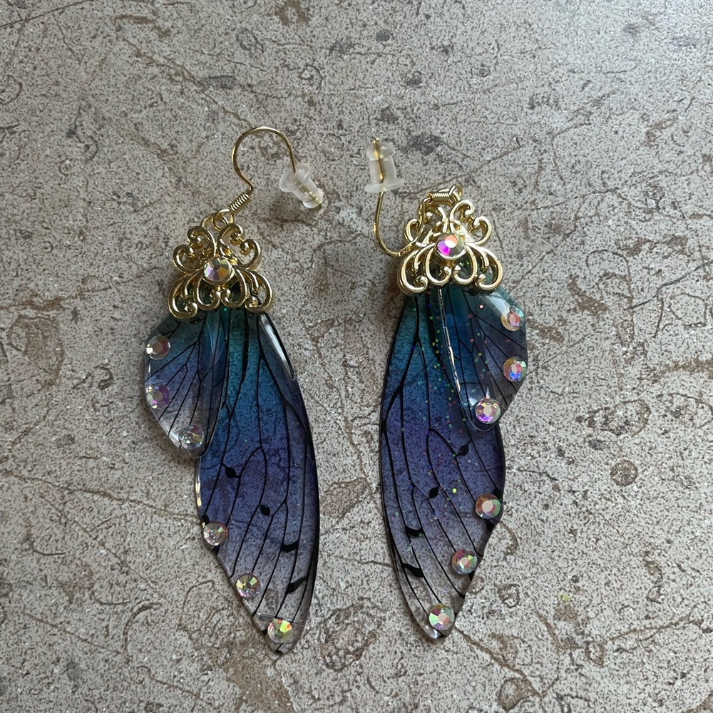Mystical Blue and Gold Wing Earrings